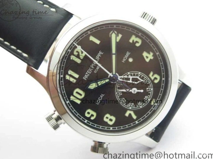 MIROTIME 0402 Stylish Calatrava 5524 Pilot Travel Time SS GRF Black Dial on Black Leather Strap A324 V 7108